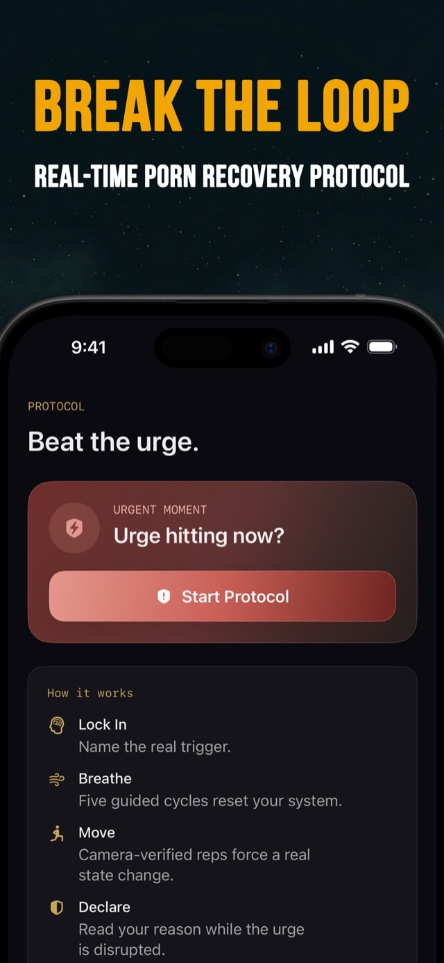 Quit & REBOOT urge protocol screen: Lock In, Breathe, Move, Declare