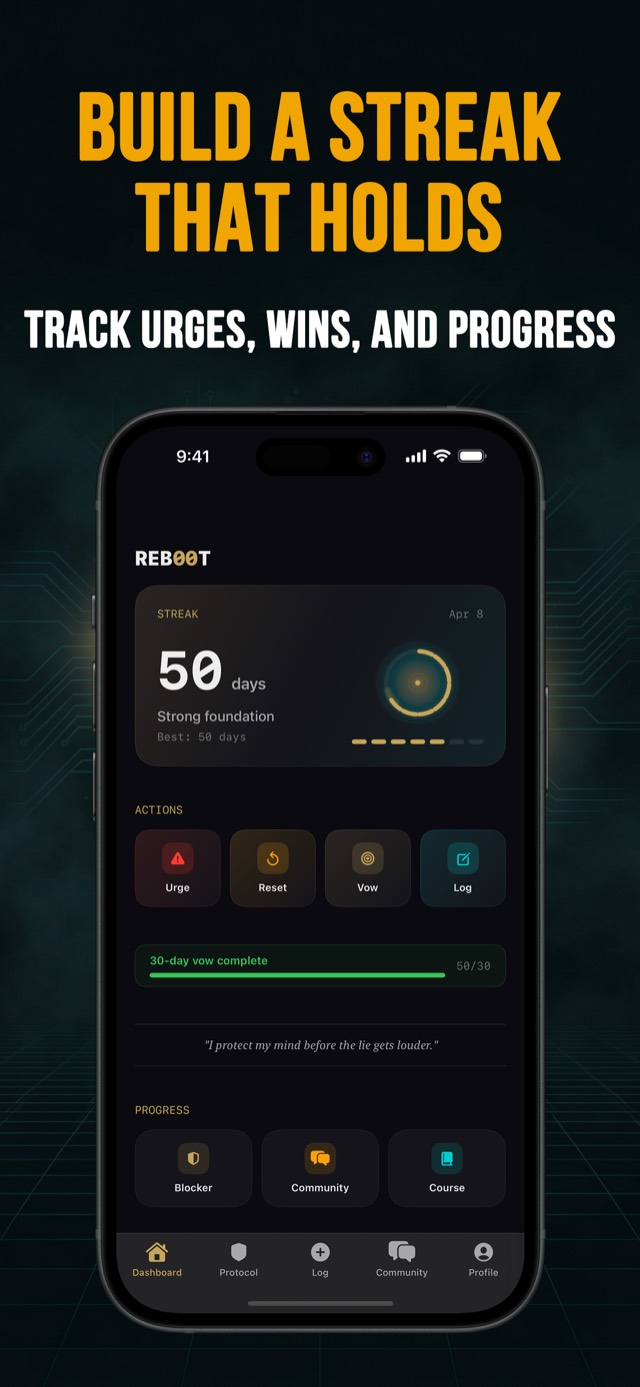 Quit & REBOOT Streak-Dashboard mit einer Streak von 50 Tagen